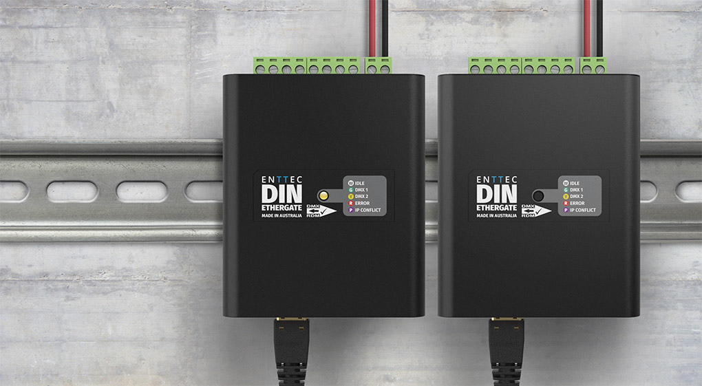 Two ENTTEC DIN Ethergate converter fitted on a TS35 DIN Rail with ethernet connected.
ethernet to dmx converter