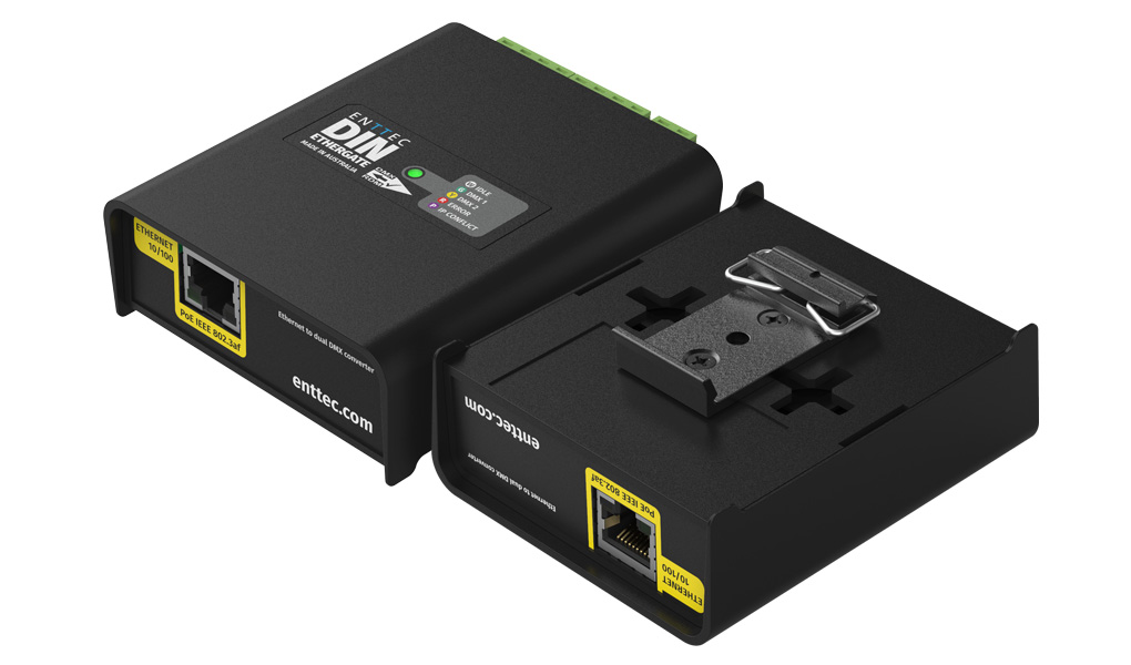 ENTTEC DIN Ethergate Ethernet to DMX/RDM converter with ports displayed.
ethernet to dmx converter